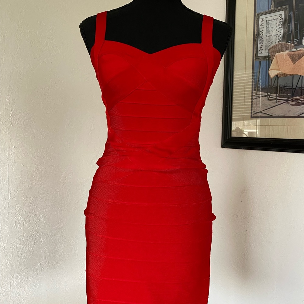 Tight red cocktail dress.